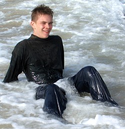 swim in T-shirt and jeans